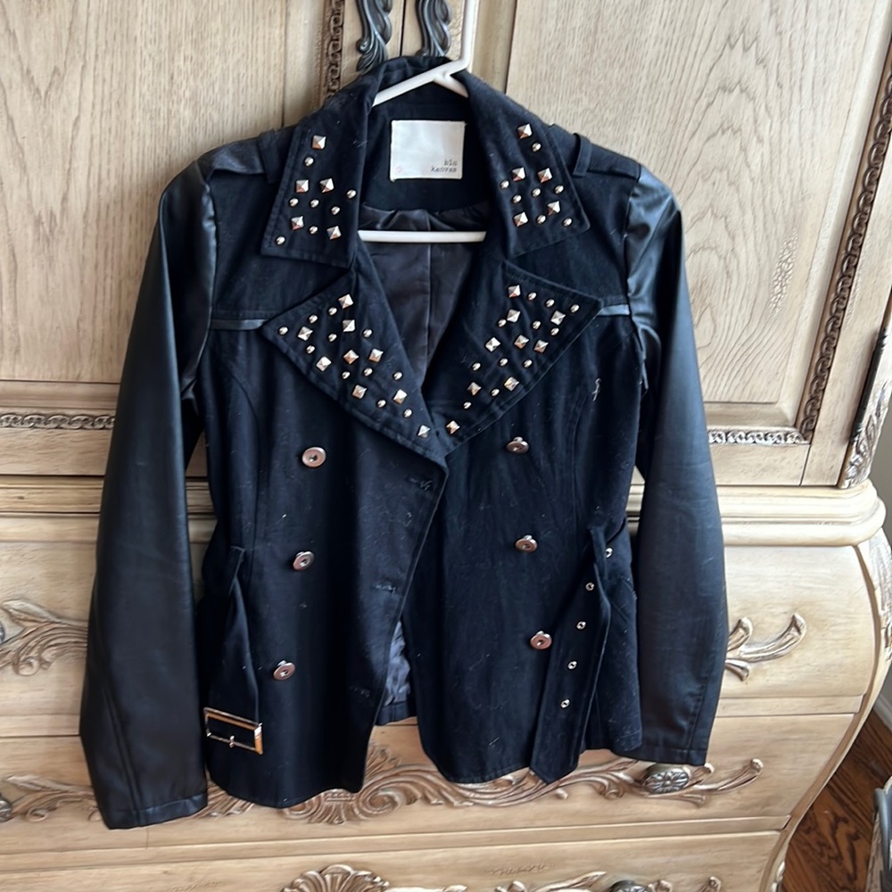 Black belted jacket with leather sleeves